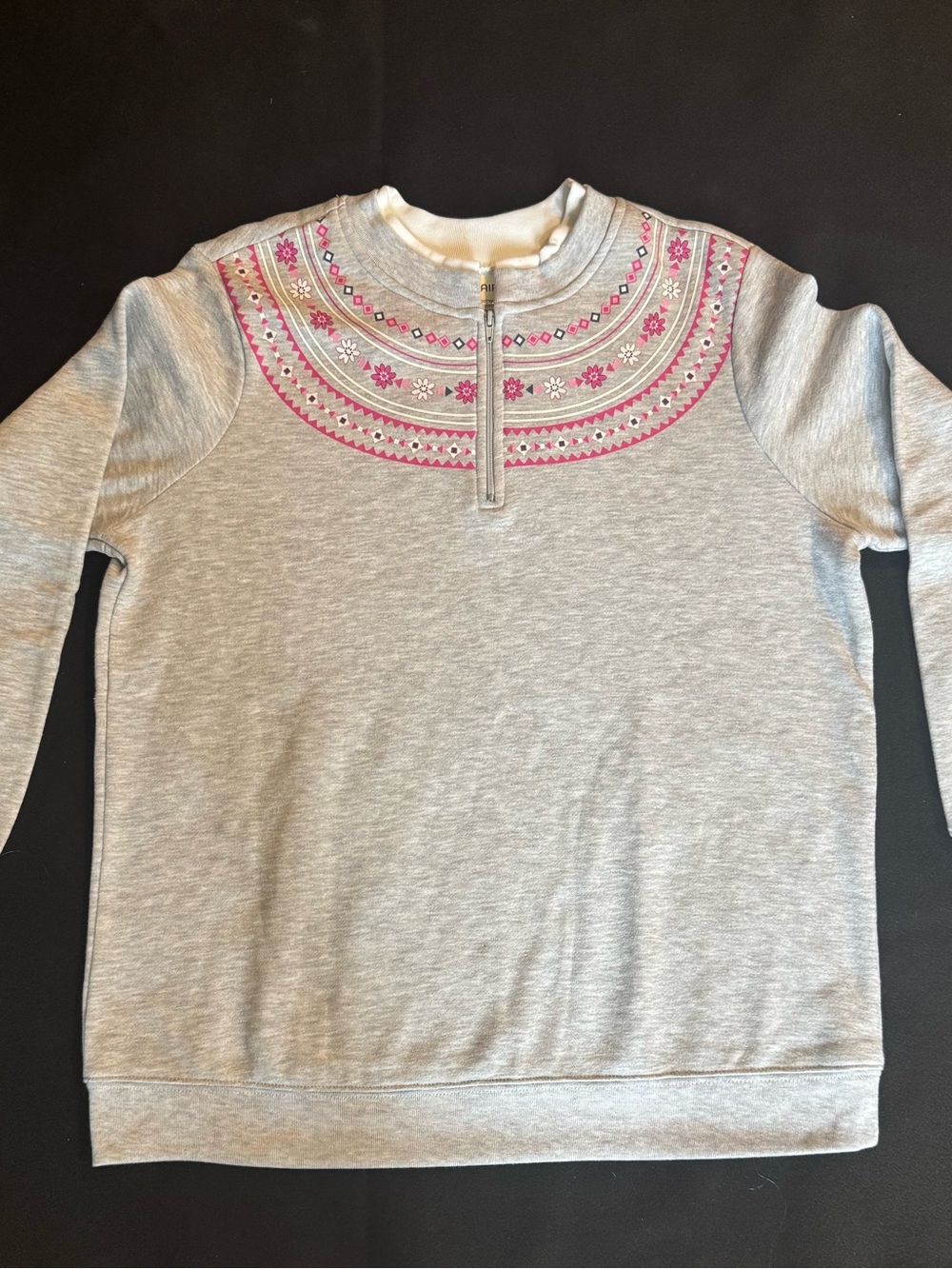 Grandma Core Floral Fair Isle Sweatshirt 1/4 Zip Gray w/Pink & White Like New